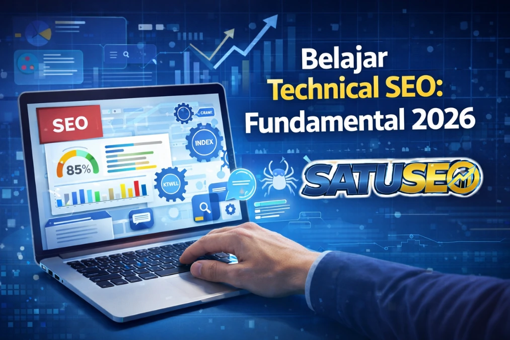 Belajar Technical SEO: Fundamental 2026 1 Ilustrasi belajar technical SEO fundamental 2026 menampilkan laptop dengan dashboard analisis SEO, grafik performa website, proses crawl dan index mesin pencari, serta optimasi teknis website, dengan logo SATUSEO.