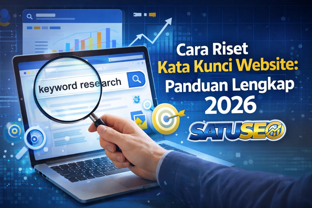 Ilustrasi riset kata kunci website untuk SEO 2026 menggunakan laptop dan kaca pembesar, menampilkan grafik analisis pencarian dan strategi optimasi konten digital, dengan logo SATUSEO.