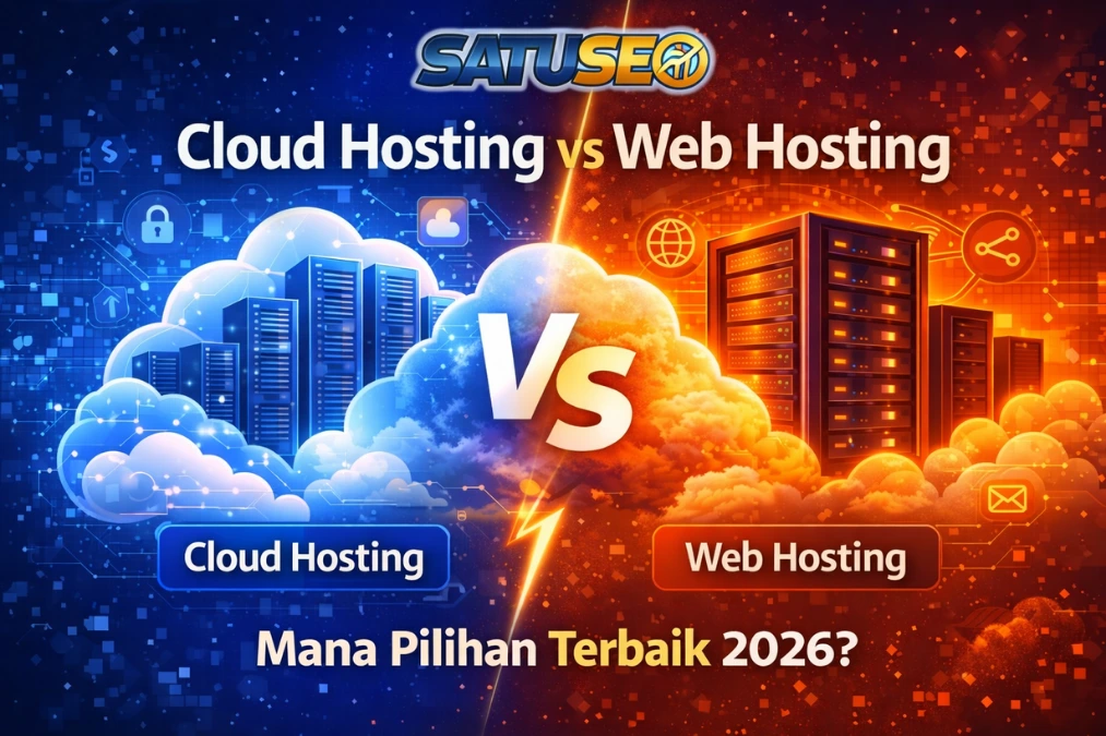 Cloud Hosting vs Web Hosting: Pilihan Terbaik 2026 1 Ilustrasi belajar technical SEO fundamental 2026 menampilkan laptop dengan dashboard analisis SEO, grafik performa website, proses crawl dan index mesin pencari, serta optimasi teknis website, dengan logo SATUSEO.