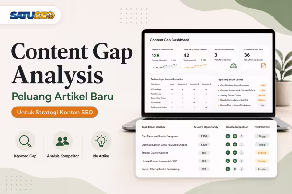 Featured image content gap analysis SEO, menampilkan dashboard analisis celah konten, peluang artikel baru, keyword gap, analisis kompetitor, dan ide artikel dengan branding SATUSEO.