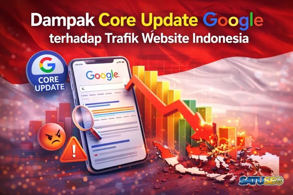 Dampak Core Update Google terhadap trafik website Indonesia, ilustrasi pencarian Google di ponsel dengan grafik trafik menurun dan elemen peringatan SEO.