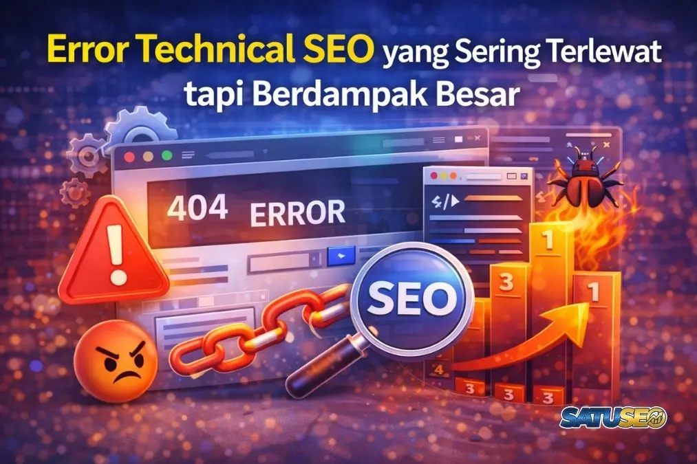 Error technical SEO yang sering terlewat, ilustrasi 404 error, bug website, peringatan SEO, dan grafik performa yang terdampak.