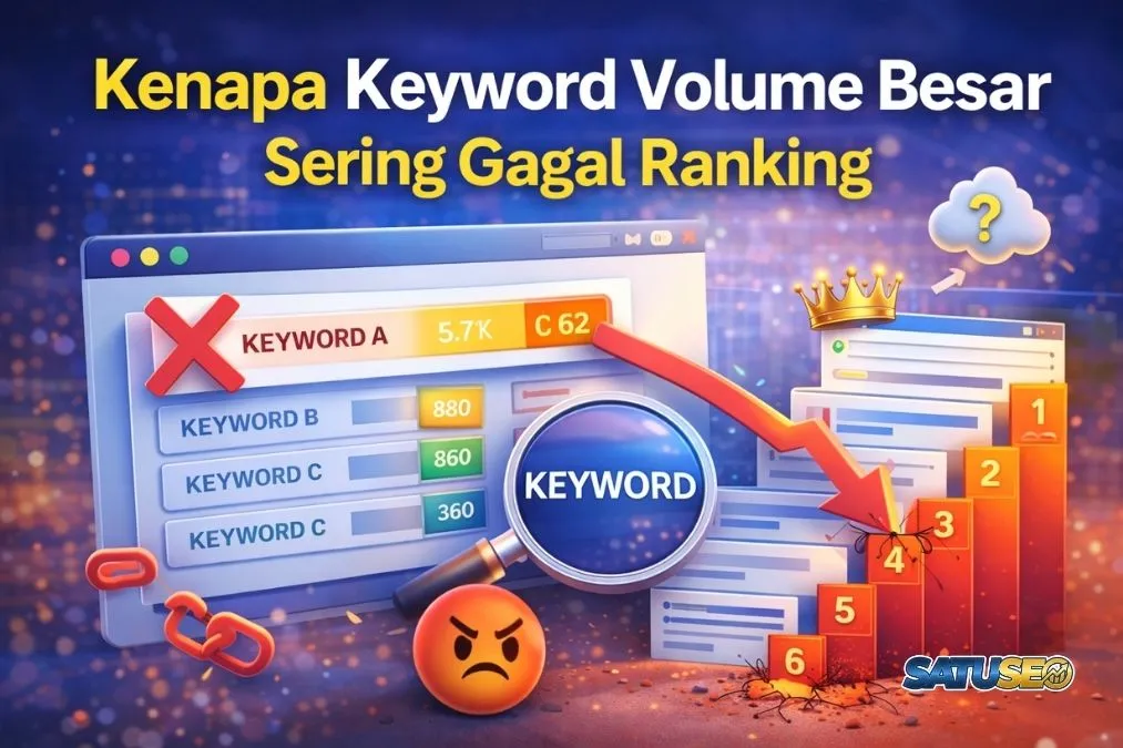 Kenapa keyword volume besar sering gagal ranking, ilustrasi riset keyword dengan grafik peringkat menurun dan analisis SEO.
