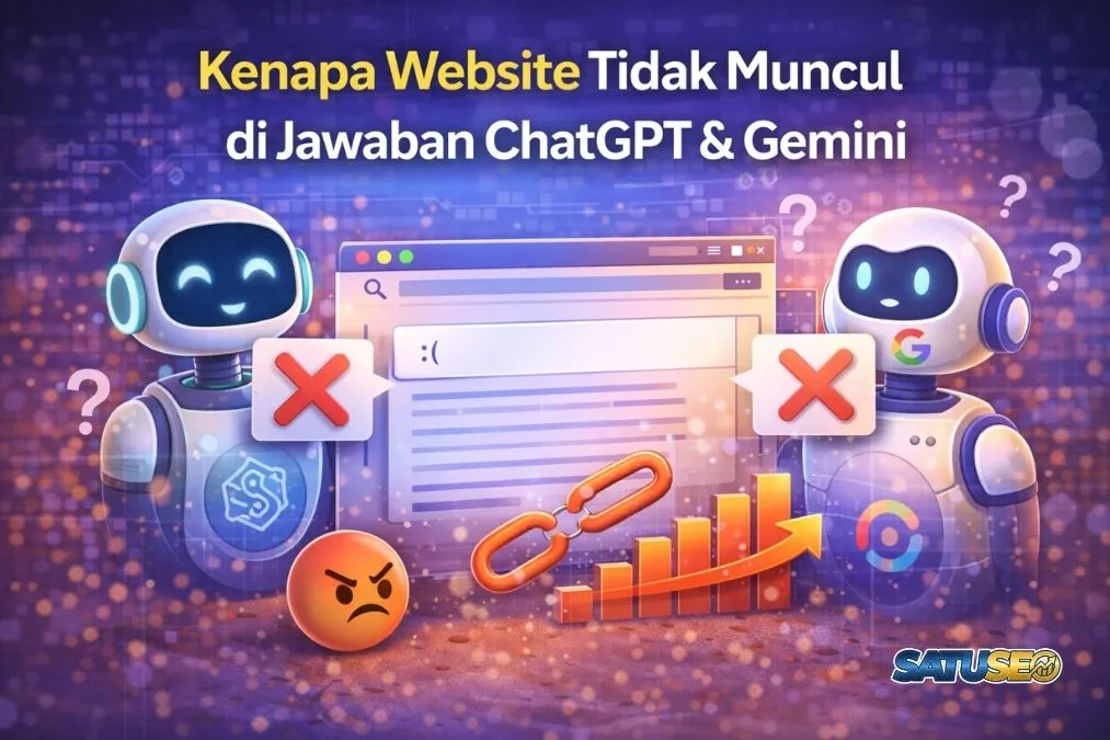 Kenapa website tidak muncul di jawaban ChatGPT dan Gemini, ilustrasi AI dengan tanda silang, website tidak terindeks, dan grafik visibilitas menurun.