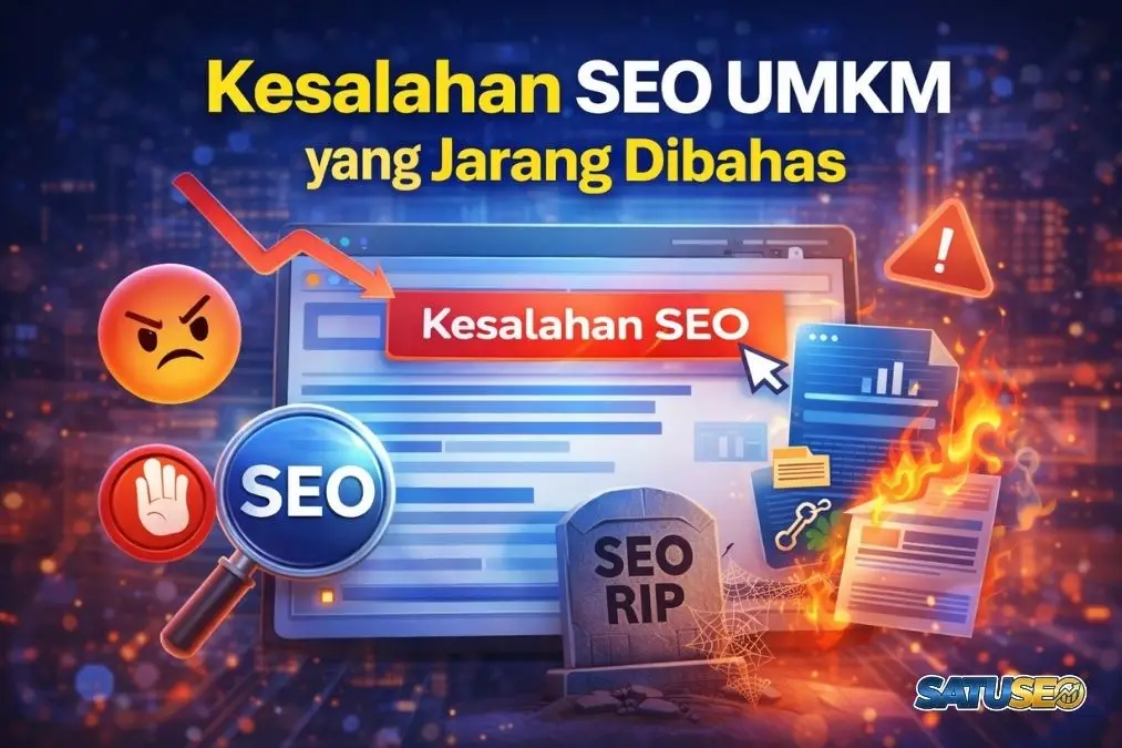 Kesalahan SEO UMKM yang jarang dibahas, ilustrasi website dengan peringatan SEO, ikon bahaya, dan grafik penurunan performa.