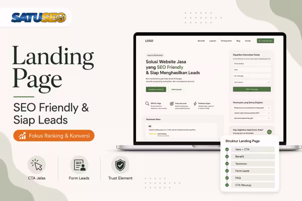 Featured image landing page jasa SEO friendly dan siap menghasilkan leads, menampilkan desain halaman layanan dengan CTA, form leads, trust element, FAQ, testimoni, dan struktur landing page untuk meningkatkan ranking serta konversi.