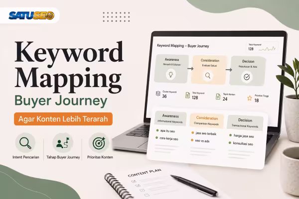Featured image mapping keyword buyer journey, menampilkan tahapan awareness, consideration, dan decision, beserta pengelompokan keyword agar strategi konten SEO lebih terarah dengan branding SATUSEO.