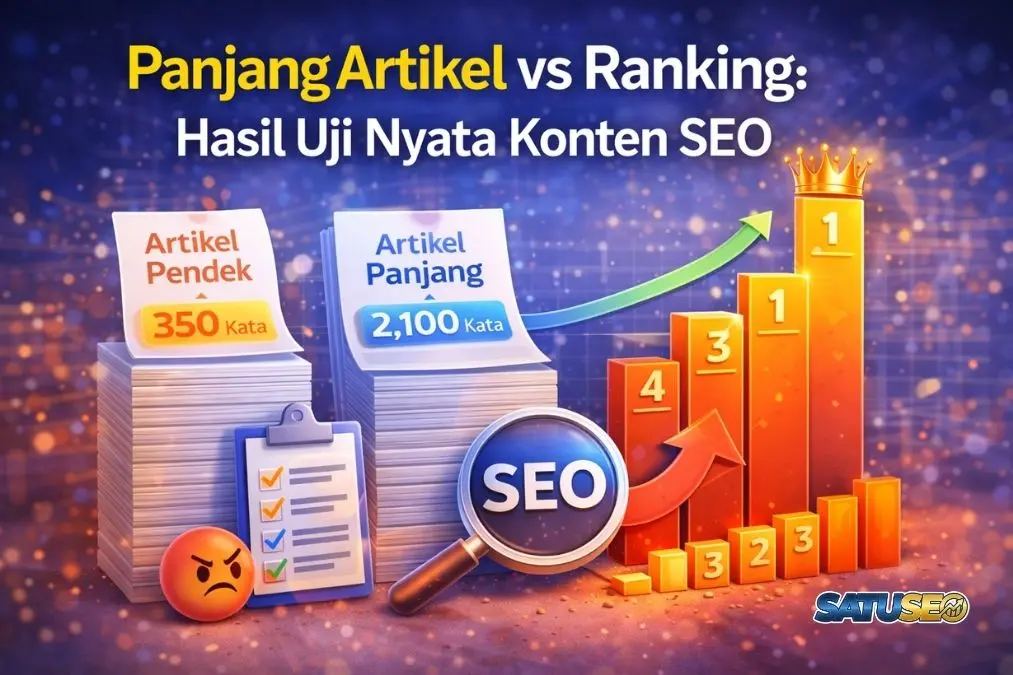 Panjang artikel vs ranking SEO, ilustrasi perbandingan artikel pendek dan panjang dengan grafik peringkat naik berdasarkan hasil uji konten SEO.