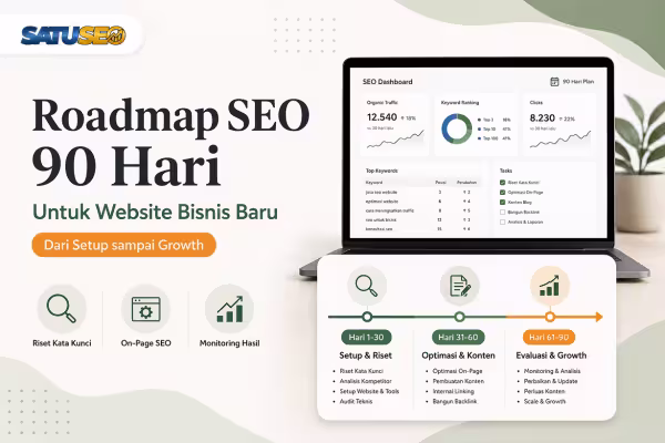 Featured image roadmap SEO 90 hari untuk website bisnis baru, menampilkan ilustrasi dashboard SEO, timeline strategi 3 tahap, serta poin riset kata kunci, on-page SEO, dan monitoring hasil dengan branding SATUSEO.