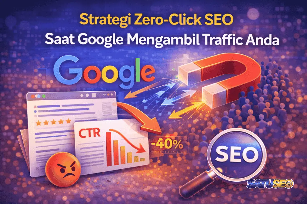 Strategi zero-click SEO saat Google mengambil traffic, ilustrasi magnet Google menarik pengguna, CTR menurun, dan analisis SEO.
