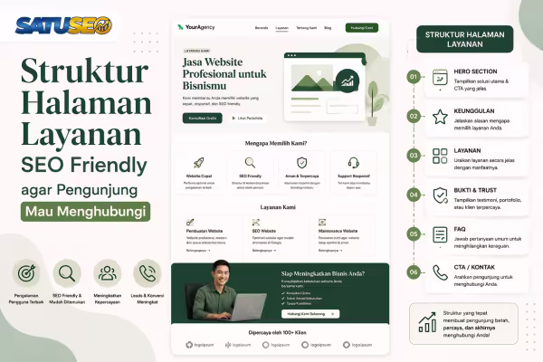 Featured image struktur halaman layanan SEO friendly, menampilkan contoh layout halaman jasa dengan hero section, keunggulan, layanan, bukti trust, FAQ, CTA kontak, dan elemen yang mendorong pengunjung menghubungi bisnis.