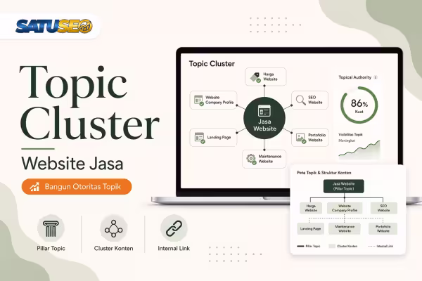 Featured image topic cluster website jasa, menampilkan struktur pillar topic, cluster konten, internal link, peta topik, dan dashboard peningkatan otoritas topik dengan branding SATUSEO.